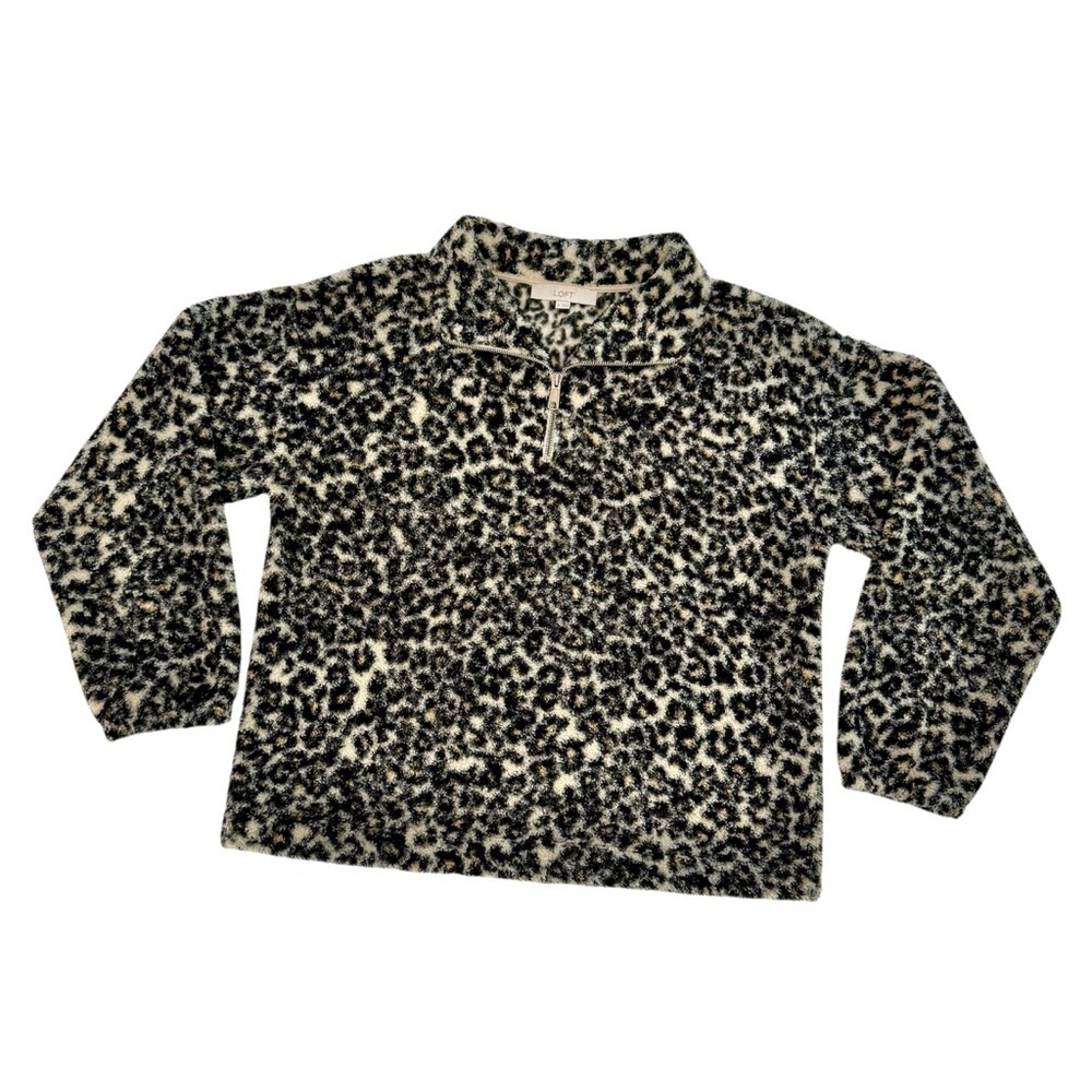 LOFT Leopard Print Soft Fleece Pullover Quarter Zip Black Cream Size M EUC